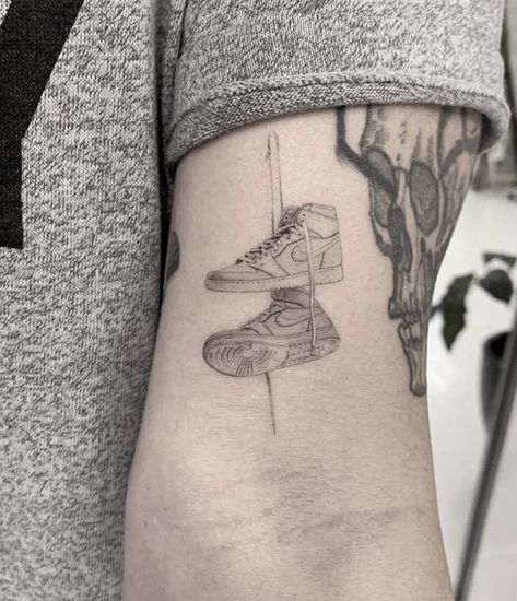 Sneaker Tattoo, Inner Arm Tattoo, L Tattoo, Detailed Tattoo, Tattoo Project, Line Art Tattoos, Home Tattoo, Dainty Tattoos, Jordan Sneakers