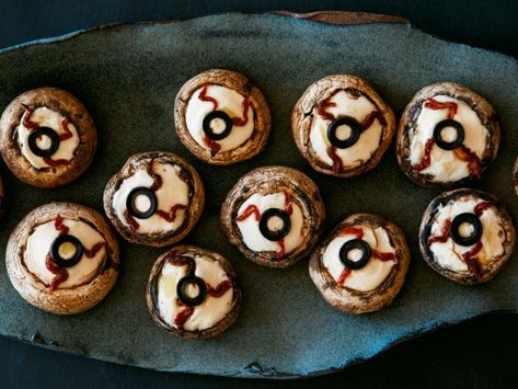 Get Stuffed Mushroom Eyeballs Recipe from Food Network Halloween Party Food Appetizers, Halloween Dip, Halloween Potluck, Chicken Pumpkin, Halloween Party Food, Stuffed Mushroom, Olive Relish, Halloween Appetizers, Food Appetizers