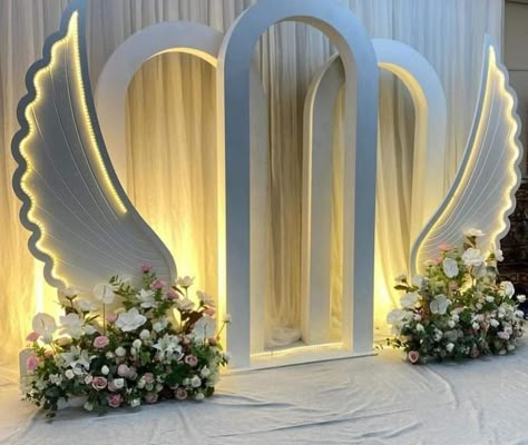 Angel Wings Decoration, Wings Decoration, Unique Event Decor, Stage Backdrop Design, Angel Wings Decor, Engagement Stage Decoration, Engagement Stage, Outdoor Tent Wedding, Wooden Front Door Design