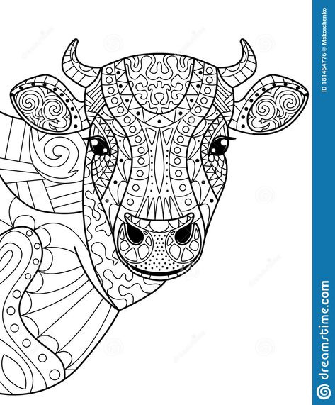 Illustration about Head cow coloring book for adults vector illustration. Anti-stress coloring for adult. Cow zentangle style. Black and white lines. Illustration of farm, meditation, nature - 181464776 Animals With Horns, Cow Coloring Pages, Zentangle Animals, Cow Colour, Colouring Printables, Cows Funny, Zentangle Drawings, Coloring Book For Adults, Black And White Lines