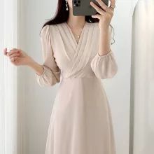 Long Sleeve Chiffon Dress, French Dress, Dress Korean, Korean Dress, Chiffon Long Sleeve, Elegantes Outfit, One Piece Dress, Spring Dresses, Elegant Dress