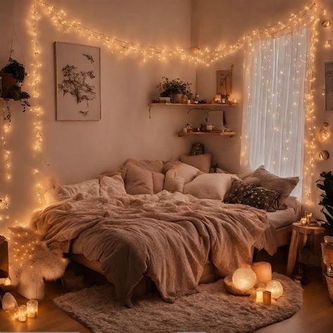 Neutral Aesthetic Bedroom Decor, Small Cosy Room Ideas, Fluffy Room Ideas, Fluffy Bedroom Aesthetic, Cute And Cozy Bedroom Ideas, Rustic Cozy Room Ideas Aesthetic, Greenery Room Decor Bedroom Boho, Cozy Bed Corner, Cozy Astetic Bedrooms