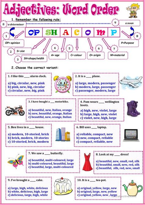 Adjectives: Word Order - English ESL Worksheets for distance learning and physical classrooms Order Of Adjectives Worksheet, Adjective Order, Order Of Adjectives, Adjective Words, English Adjectives, Adjective Worksheet, Describing Words, Word Order, English Grammar Worksheets