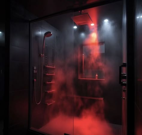 Dream Shower, Dream Life House, Bathroom Red, Red Lights, Dark Home, Red Room, Red Rooms, Black Shower, Bedroom Layouts