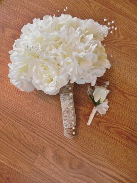 Twine & lace Ivory Rose Bouquet, Wrapped Bouquet, Hydrangea Bridal Bouquet, October Wedding Flowers, Daisy Wedding Flowers, Wedding Flowers Sunflowers, Neutral Wedding Flowers, Simple Wedding Flowers, Romantic Wedding Flowers