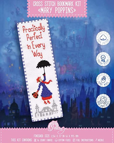 Christmas Bookmark Cross Stitch, Mary Poppins Cross Stitch Pattern, Cross Stitch Bookmarks Disney, Mary Poppins Cross Stitch, Funny Cross Stitch Bookmark, Cross Stitch Bookmark Patterns Free, Cross Stitch Bookmark Patterns, Diy Embroidery Gifts, Movie Cross Stitch