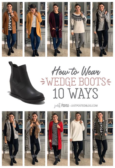 Outfits With Sorel Wedge Boots, Outfits With Wedge Boots, Black Sorel Wedge Outfits, Sorel Wedge Boots Outfit Fall Fashion, Black Wedge Boots Outfit, Black Booties Outfit Work, Black Wedge Booties Outfit, Black Booties Outfit Winter, What To Wear With Wedges