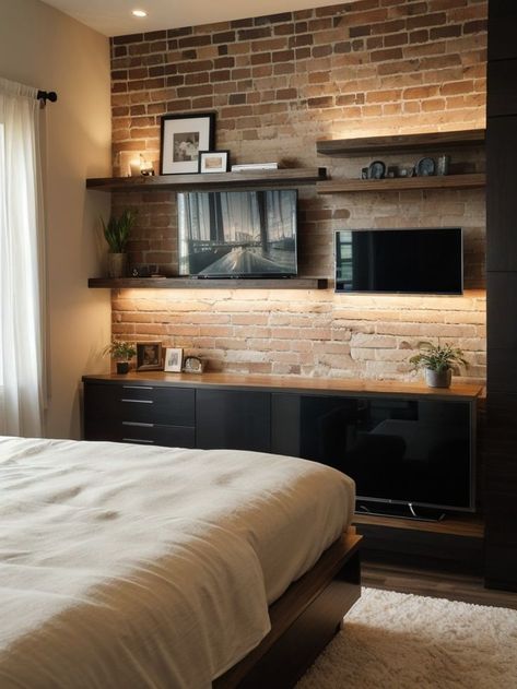 Create a stunning accent wall in your bedroom by hanging a sleek flat-screen TV and complementing it with faux brick or wood paneling. Complete the look with modern floating shelves and adjustable LED strip lights for a contemporary and stylish vibe. Tv Accent Wall, Modern Floating Shelves, Faux Brick, Led Strip Lights, Small Home Office, Strip Lights, Small Home, Led Strip Lighting, Led Strip