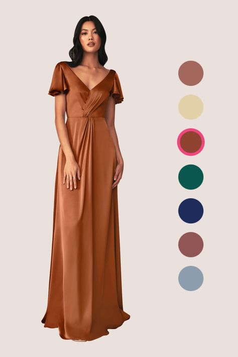 Look elegant and youthful while wearing our Soren dress. Made from our luxurious stretch satin, this bridesmaid dress features a V-neckline bodice with delicate flutter sleeves and a pleated twist detail. Her full length, A-line skirt makes this dress sophisticated and comfortable. Copper Bridesmaid, Copper Bridesmaid Dresses, Rust Bridesmaid Dress, Mesh Bridesmaids Dress, Stretch Satin Dress, Bridesmaid Ideas, Bridal Tops, Floor Length Chiffon Bridesmaid Dresses, Azazie Bridesmaid Dresses