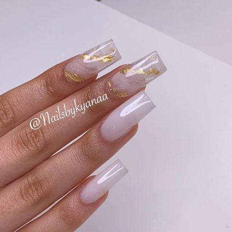 Gold And Silver Marble Nails, Summer White And Gold Nails, Milk White Nails With Gold, White Marble Nails With Gold Flakes, Acrylic Nails White And Gold, White And Gold Square Nails, Gold Nails Acrylic Short, White Nails With Gold Foil, Marble Square Nails