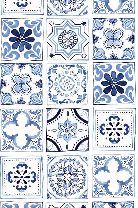 Surface Pattern Design Trends 2022, Blue And White Aesthetic, Blue Pottery Designs, Italian Tiles Pattern, Design Trends 2022, Watercolor Pattern Design, Spanish Pattern, Pattern Design Ideas, Pattern Design Illustration