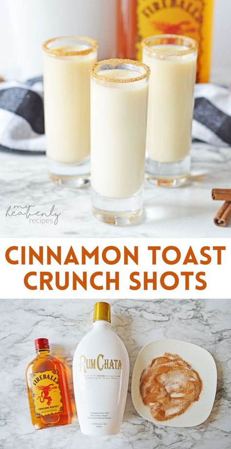 Cinnamon Toast Shots, French Toast Shots, Festive Shots Holiday Drinks, Cinnamon Toast Crunch Shots Recipe, Fireball Rumchata Shots, Christmas Drinks With Fireball, Rumchata Christmas Shots, Cute Shots Alcohol, Shots With Fireball Whiskey