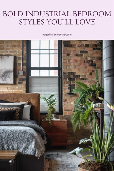 Explore bold industrial bedroom designs with unique styles and urban aesthetics, using one image that showcases edgy decor. Exposed Brick Bedroom, Edgy Decor, Brick Bedroom, Dining Room Colour Schemes, Industrial Bedroom Design, Metal Beam, Bedroom Colour Palette, Industrial Bedroom, Minimalist Layout