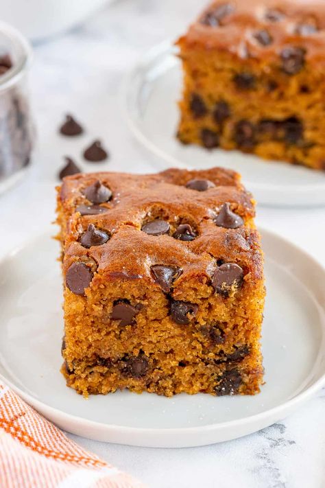 This Pumpkin Chocolate Chip Cake recipe is an easy cake to bake during the fall months. This super moist pumpkin cake is spiked with warm fall spices and has a heavenly pumpkin-chocolate flavor combination. Chocolate Chip Snack Cake, Pumpkin Chocolate Chip Cake, Easy Bake Cake, Chocolate Chip Cake Recipe, Pumpkin Cake Easy, Mini Pumpkin Cheesecake, Mom On Timeout, Pumpkin Cake Recipes, Chocolate Chip Cake