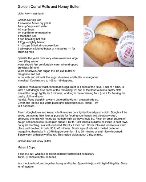 Golden Corral Rolls and Honey Butter Golden Corral Recipes Copycat, Golden Coral Rolls, Honey Butter Rolls Recipe, Honey Butter Yeast Rolls, Golden Corral Honey Butter Recipe, Golden Corral Rolls Recipe, How To Make Golden Corral Rolls, Golden Corral Recipes, Golden Corral Honey Butter