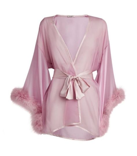 Fancy Robes For Women, Silk Robe Aesthetic, Pink Silk Robe, Pearl Pink, Feather Trim, Silk Robe, Kimono Style, Silk Pajamas, Silk Slip