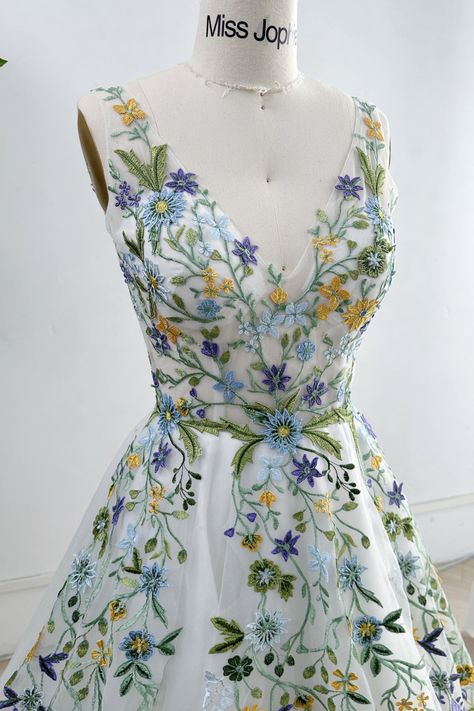 MissJophiel V Neck Sleeveless Colorful Floral Applique Long Wedding Dress Wedding Dresses Colourful, Embroidered Flower Wedding Dress, Wedding Dresses With Embroidery, White And Green Wedding Dress, Floral Wedding Dress Colored, Prom Dresses Flowers, Floral Embroidered Wedding Dress, Wedding Dress With Flowers, Wedding Dress Flowers