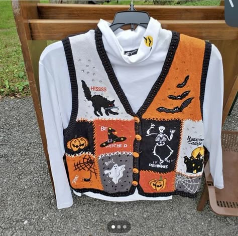 Halloween Vest Outfit, Vintage Halloween Sweater, 90s Sweater Outfits, 90s Teacher Outfits, Halloween Adopts, Fall Thrifting, Celestial Crochet, Grandma Outfits, Fall Time Outfits