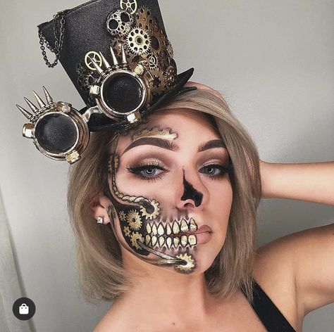 Black And Gold Skeleton Makeup, Steampunk Face Paint, Steam Punk Makeup Ideas, Steampunk Makeup Ideas, Steampunk Makeup Halloween, Clock Makeup, Victorian Goth Makeup, Steam Punk Makeup, Steam Punk Halloween