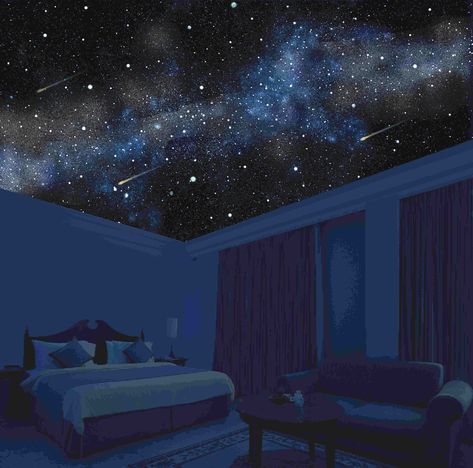 Nightsky Themed Bedroom, Stargazing Bedroom, Space Aesthetic Bedroom, Stargazing Room, Nighttime Bedroom, Space Rooms, Space Ceiling, Galaxy Bedroom, Galaxy Room