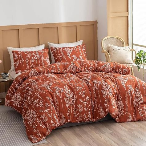 Amazon.com: JANZAA Queen Olive Green ,3 PCS Bedding Floral Plant Flowers Printed on Green Comforter Set : Home & Kitchen Bedding Sets Floral, Terracotta Comforter, Gray Comforter, Green Comforter Sets, Orange Comforter, Guest Quarters, Fluffy Comforter, Boho Duvet Cover, Green Comforter