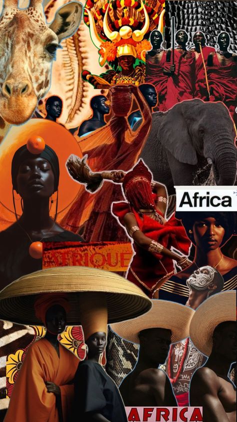 Afrique, mood orange, rouge, noir Moodboard Collage, Culture Fashion, Africa Fashion, Mood Board Fashion, Black Culture, Fashion Mode, Mood Board, Collage, History