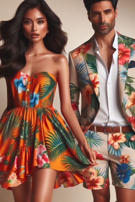 Couple in vibrant tropical-themed outfits, the woman in a floral dress and the man in a matching floral suit. Look Luau, Tropical Party Outfit, Elegant Maxi Dresses, Tropical Dresses, Dress To Impress Outfits, Dresses Flowy, Stunning Fashion, Tropical Fashion, Elegant Maxi Dress