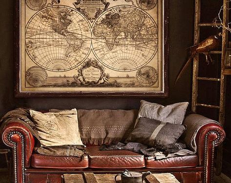 Vintage Industrial Living Room, Explorer Bedroom, Dark Nautical Aesthetic, Dnd Decor, Pirate Map, Pirate Room, Campaign Furniture, Aesthetic Living Room, Map Of The World