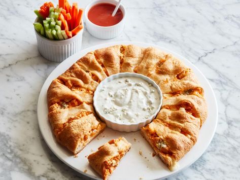 Buffalo Chicken Crescent Ring Recipe | Food Network Kitchen | Food Network Entertaining Food Ideas, Make With Crescent Rolls, Buffalo Chicken Crescent, Buffalo Chicken Ring, Chicken Crescent Ring, Breakfast Crescent, Easy Dinner Party Recipes, Chicken Crescent, Entertaining Food