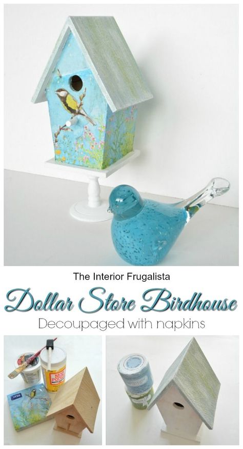 Small Wooden Bird Houses, Decoupage Birdhouse Ideas, Napkin Crafts, Marshmallow Hats, Farmhouse Foyer, Diy Birdhouse, Wooden Birdhouse, Decoupage Projects, Birdhouse Craft