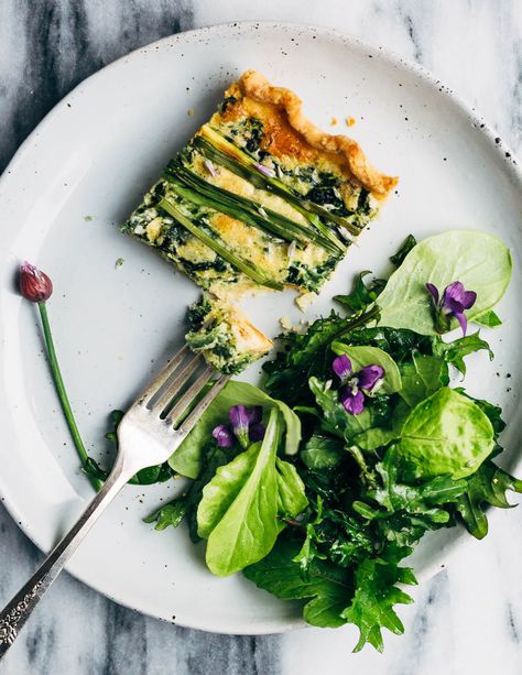 Ideal for Mother's Day brunch or spring gatherings, this sheet pan spinach quiche, made with ramps, green garlic, and chives, is a delicious way to feed a crowd. Quiche Brunch, Quiche And Salad, Spring Form Pan Quiche Recipes, Leek And Asparagus Quiche, Elegant Ricotta And Spinach Quiche, Spinach And Cheddar Slab Quiche, Muffin-tin Spinach & Mushroom Mini Quiches, Chive Blossom, Weekend Brunch Recipes