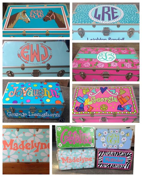 Summer Camp Trunk Decorating Ideas, Camp Trunk Decorating Ideas, Trunk Decorating Ideas, Summer Camp Trunk, Pine Cove Camp, Dorm Trunk, Summer Camp Packing, Camp Packing, Trunk Makeover