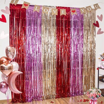 【 PACKAGE 】: 3 pack red pink and champagne gold foil fringe curtains, Extra large size (width x drop) 3.3 x 8.2 ft each, perfect for Valentine's Day decoration and general party decorations. Our foil fringe Curtains will let your wife, husband, girlfriend or boyfriend feel your love. | The Party Aisle™ 3 Piece Party Backdrop Decoration Kit in Indigo / Pink | Wayfair Valentines Day Photo Booth, Backdrop Valentines Day, Valentines Day Party Decorations, Valentines Photo Booth, Pink And Champagne, Day Party Decorations, Dance Decorations, Streamer Backdrop, Diy Photo Backdrop