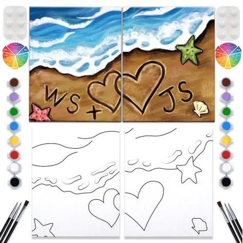 VALLSIP 2 Pack Paint and Sip Canvas Painting Kit Pre Drawn Canvas for Painting for adults Stretched Canvas Couples Games Date Night Beach Vows Anniversary Gifts Paint Party Supplies Favor(8x10) Date Night Painting Ideas, Pre Drawn Canvas For Painting, Wine Paint Party, Couples Games, Canvas For Painting, Pre Drawn Canvas, Painting For Adults, Color Mixing Guide, Creative Dates