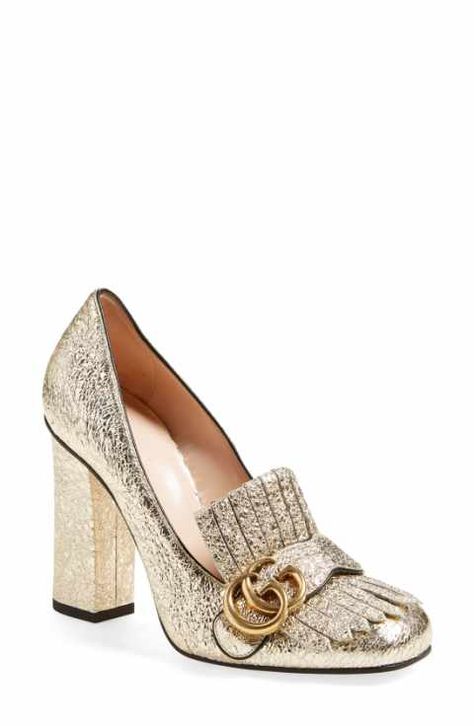 Gucci Marmont Pump, Gucci Pumps, Metallic Pumps, Gucci Heels, Gucci Marmont, 3 Shoes, Gold Pumps, Carrie Bradshaw, Shoe Obsession