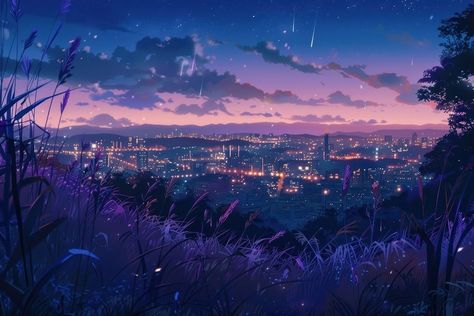 Sky Anime Wallpaper, Wallpaper Calm Aesthetic, Starry Sky Anime, Purple Aesthetic Desktop, Purple Aesthetic Desktop Wallpaper, Aesthetic Backdrop, Desktop Wallpaper Laptop, Grassland Landscape, Cityscape Architecture