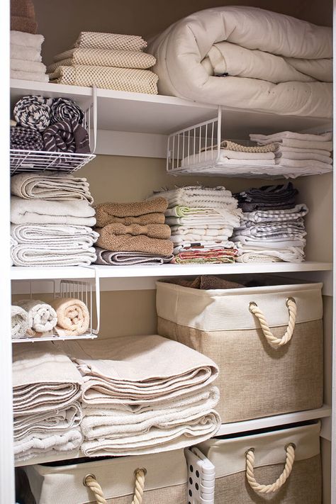 Organize A Linen Closet, Cupboard Organisation, Linen Closet Design, Fabric Shelf, Under Shelf Storage, Linen Closet Storage, Sheet Storage, Organizing Linens, Fabric Storage Cubes