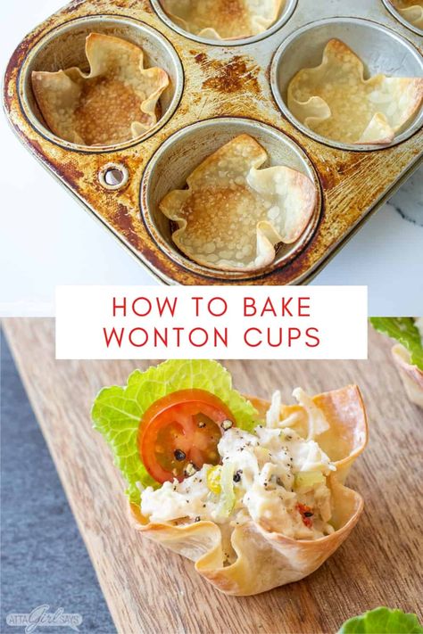 Learn the best, easiest way to make crispy wonton cups. I'll also share my favorite ways to fill them to make delicious wonton appetizers and desserts everyone loves. Bite sized appetizers are the way to go, whether you're hosting a fancy cocktail party or a more laid back get-together to watch the game. Wonton cups are one of my favorite things to serve because there are so many different ways you can fill them. Gluten Free Wonton Wrappers, Wonton Appetizer Recipes, Bite Sized Appetizers, Wonton Cups Appetizers, Baked Wontons, Wonton Appetizers, Fancy Cocktail Party, Puff Pastry Appetizers, Taco Cups