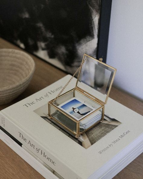 Polaroid Organization, Framed Polaroids, Organic Modern Office, Polaroid Display, Home Gift Ideas, Box For Storage, Jewelry Display Organizer, Thrifted Home Decor, Glass Box