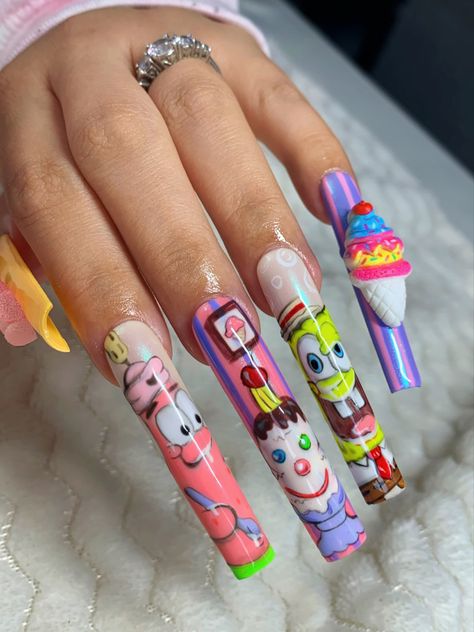 Cartoon Nails Acrylic, Spongebob And Patrick, Cartoon Nails, Best Acrylic Nails, Nails Acrylic, Cartoon Drawings, Gel Polish, Acrylic Nails, Nail Art