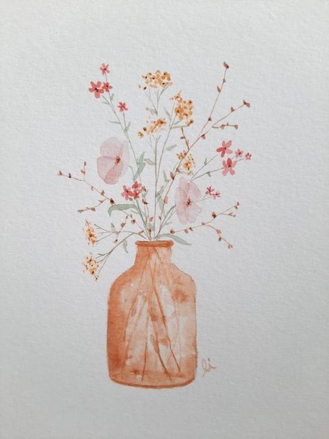 Wild flowers in brass jug - Original, hand-painted watercolor art... Flower Arrangements Paintings, Simple Floral Watercolor, Pretty Watercolor Paintings, Boho Flower Painting, Summer Watercolor Paintings, Boho Watercolor Painting, Art Inspiration Watercolor, Simple Watercolor Flower, Cute Watercolor Art