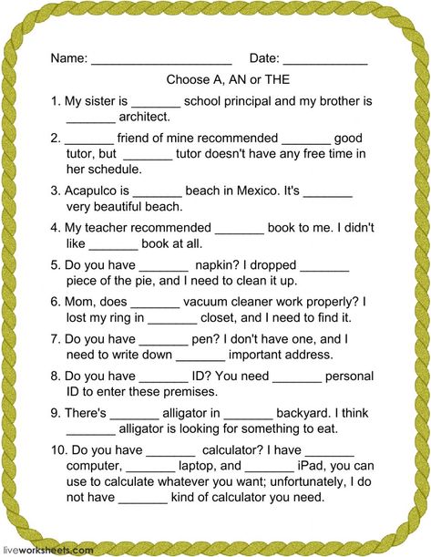 Definite and Indefinite Articles interactive and downloadable worksheet. You can do the exercises online or download the worksheet as pdf. Articals Worksheet, Articles A An The, Articles Worksheet Class 3, A An The Articles Worksheets For Grade 1, A An The Articles Worksheets, Worksheet On Articles Class 5, A An The Articles Worksheets With Answer, Articles In English Grammar, Articles Worksheet With Answers For Grade 2