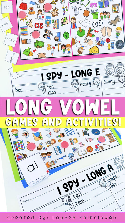 Fun, engaging ways to practise long vowel sounds and digraphs! The perfect addition to your spelling and phonics activities and centers.  #digraphs #longvowels #phonics #spellingactivities #phonicsactivities #phonicscenters #literacygames #literacycenters #firstgradeliteracy #secondgradeliteracy Long Vowel E Activities, Vowel Sound Activities, Long Vowel Sounds Activities, Vowel Sounds Activities, Sound Activities, Phonics Centers, Long Vowel Sounds, Long E, Long Vowel