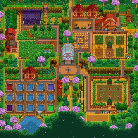 Steam Community :: Guide :: Stardew Valley Farm Design Ideas Stardew Valley Farm Layout Four Corners, Stardew Valley Four Corners Layout, Four Corners Farm, Stardew Layout, Stardew Farm, Stardew Farms, Stardew Valley Layout, Stardew Valley Tips, Stardew Valley Farms