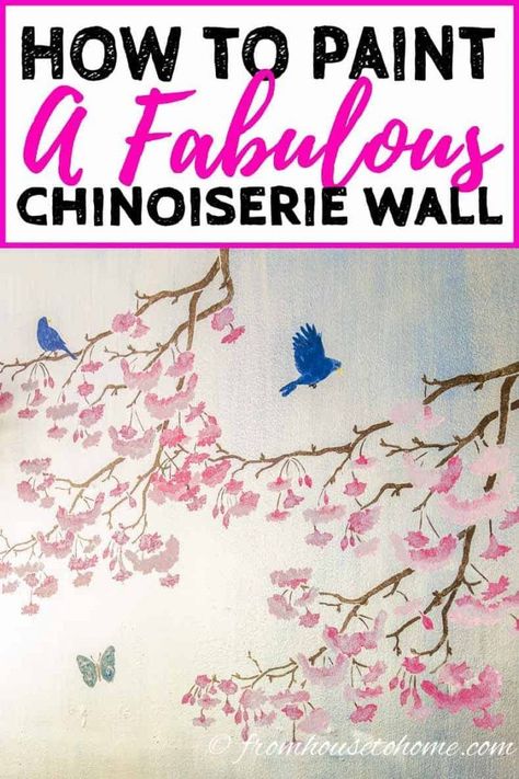 This DIY Chinoiserie wallpaper is so cool! I love the pink flowers and blue birds on the silver background. Since it is painted, it's a really easy way to decorate your dining room, and so affordable when you're on a budget. #fromhousetohome #walldecor #chinoiserie #diydecorating #paint #walldecor Diy Chinoiserie, Expensive Wallpaper, Paint Walls, Japanese Cherry Tree, Chinoiserie Pattern, Trending Paint Colors, Tree Stencil, Wall Diy, Chinoiserie Wall