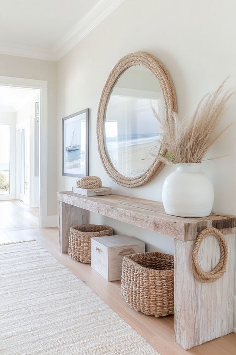 Modern Minimalist Coastal Decor, Beach Theme Shelves, Beachy Rustic Decor, Coastal Chic Entryway, Coastal Shelving Ideas, Modern Coastal Office Interior Design, Retro Coastal Aesthetic, Coastal Living Kitchen Ideas, Living Room Coastal Farmhouse