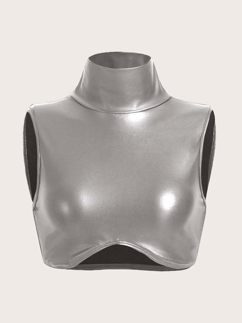 Silver Party Collar  PU Leather Plain Tank Embellished Slight Stretch All Women Clothing Full Bodysuit Outfit, Iconic Halloween Costumes, Leather Tank Top, Silver Outfits, Beyonce Outfits, Space Fashion, Space Outfit, Shein Icon, Concert Fits