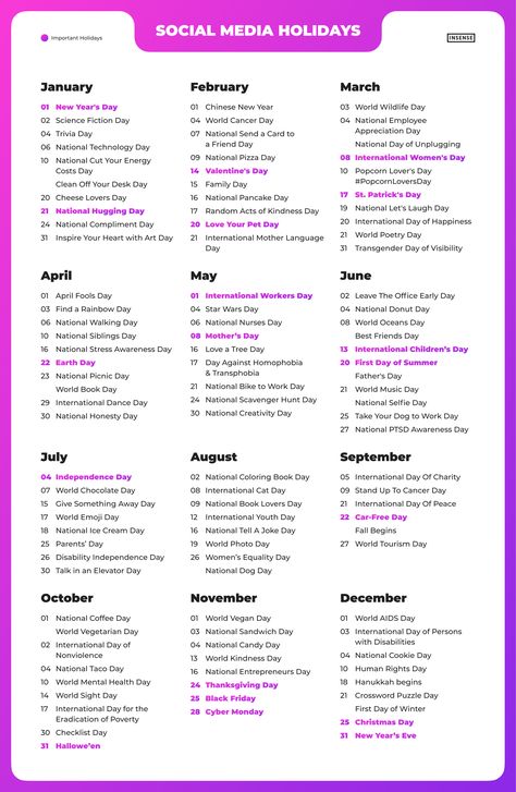 Fun Social Media Content Ideas, Editorial Calendar Example, May Content Calendar, Business Calendar Ideas, New Year Content Ideas Instagram, Social Media Content Ideas For Event Planners, Yearly Event Calendar, Social Media Holidays 2023, School Marketing Ideas Social Media