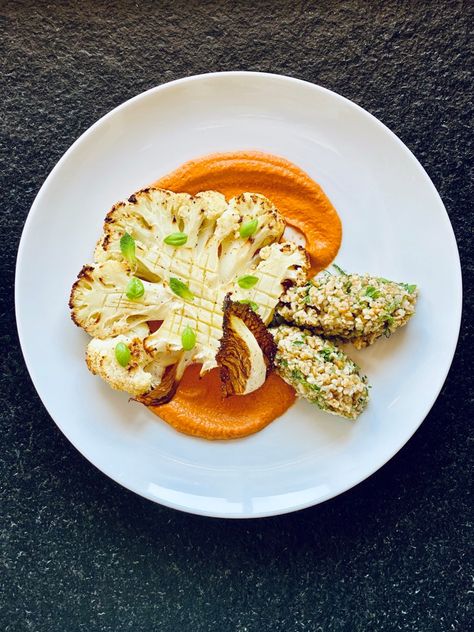 Roasted cauliflower steaks with Romesco sauce | Overcoming MS Plated Salads Ideas, Steak Cauliflower, Restaurant Starters Ideas, Vegan Gourmet Recipes, Cauliflower Steak, Roasted Cauliflower Steaks, Vegan Starters, Food Plating Techniques, Romesco Sauce