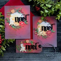 Tim Holtz Christmas Wreath Cards Christmas Wreath Cards, Tim Holtz Christmas, Wreath Cards, Pine Cone Candles, Holiday Scrapbook, Thinlits Dies, Traditional Wreath, Beautiful Christmas Cards, Tim Holtz Sizzix